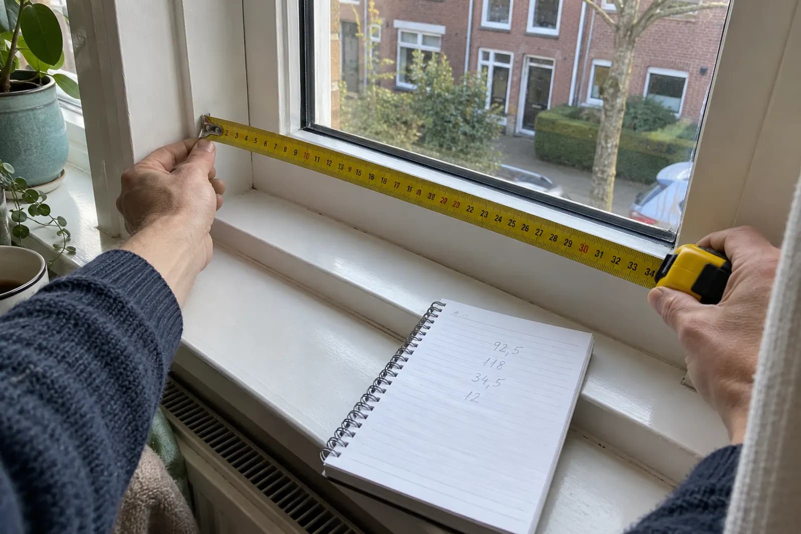 Monteur meet een kozijn op met een rolmaat