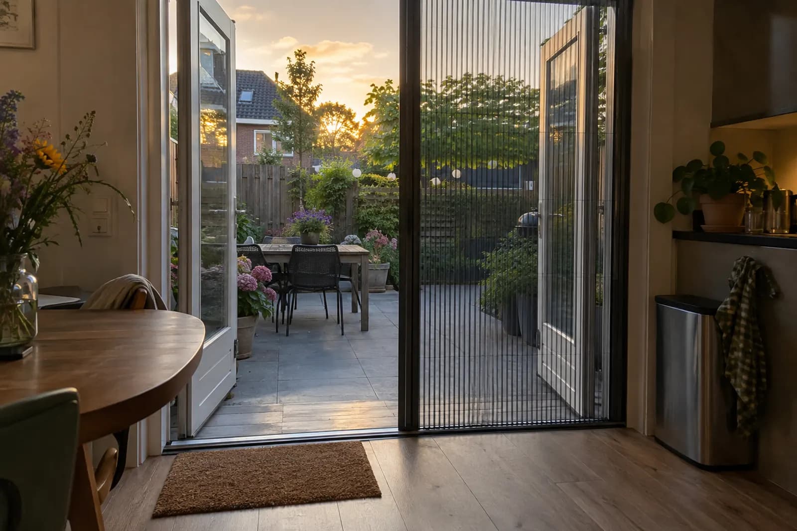 Plissé hordeur voor openslaande tuindeuren, half geopend