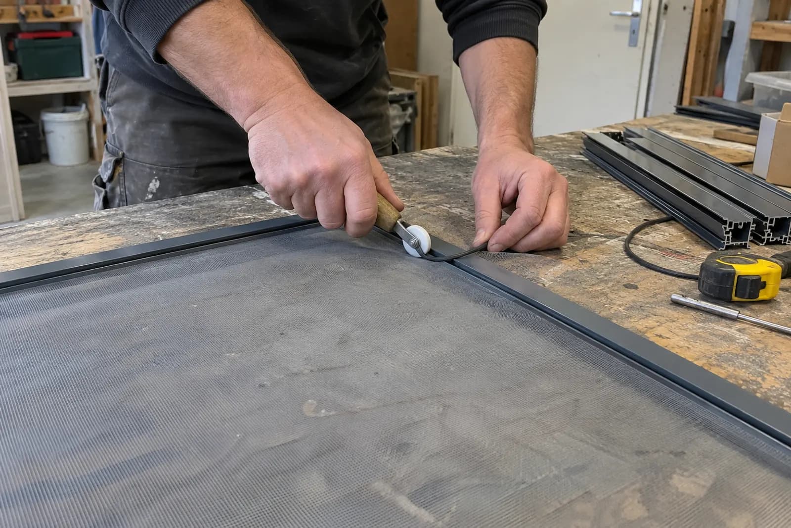 In de werkplaats wordt gaas gespannen in een aluminium horframe