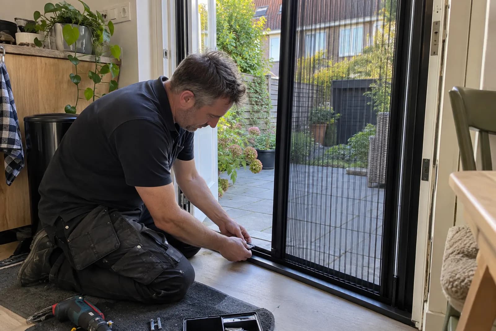 Monteur plaatst een plissé hordeur in een openslaande tuindeur