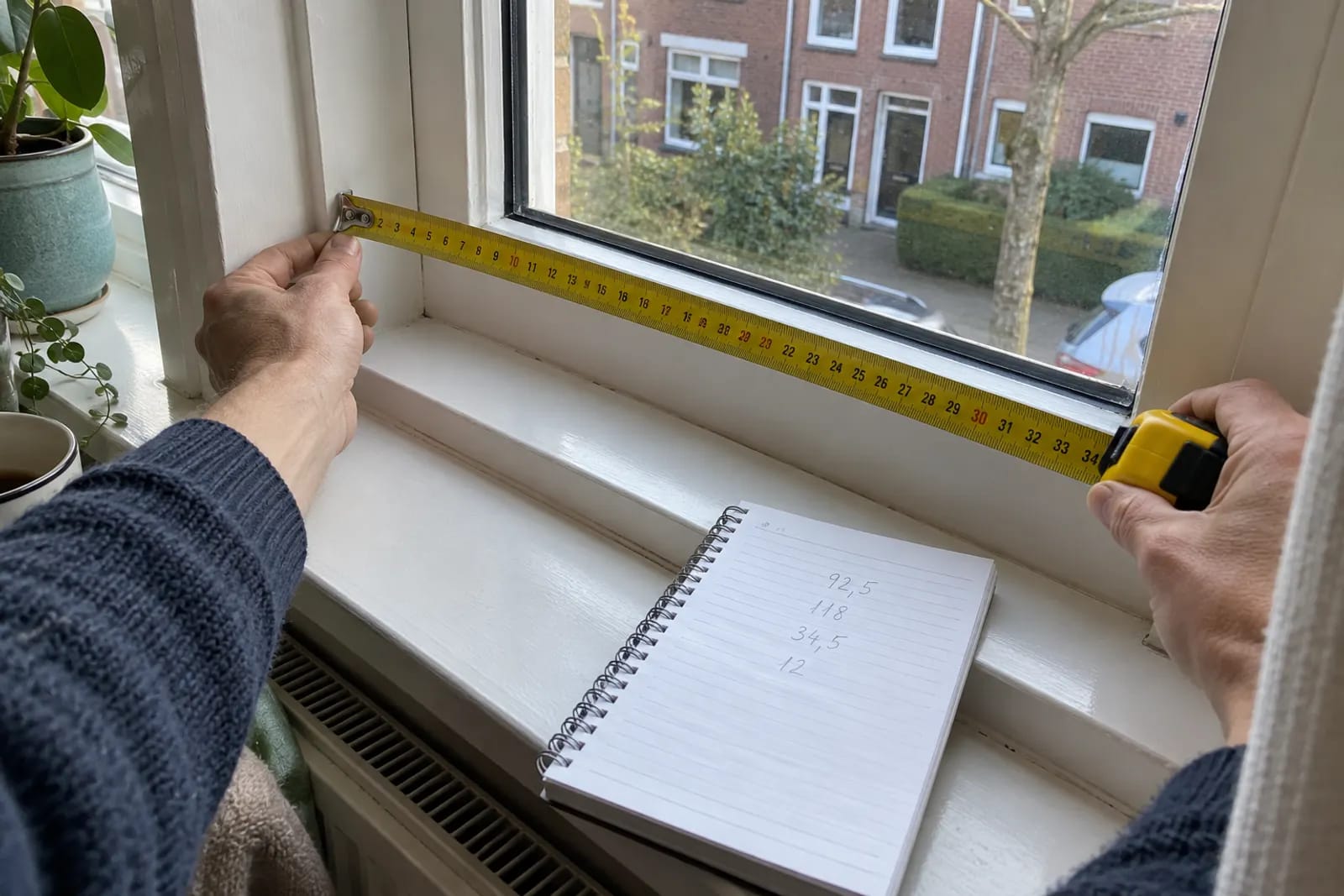 Monteur meet een kozijn op met een rolmaat